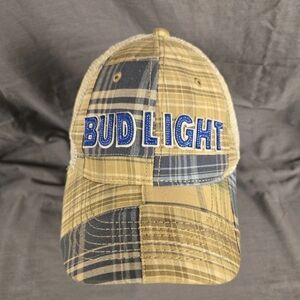 Bud Light Beige Plaid Mesh Snapback Hat Adjustable Cap